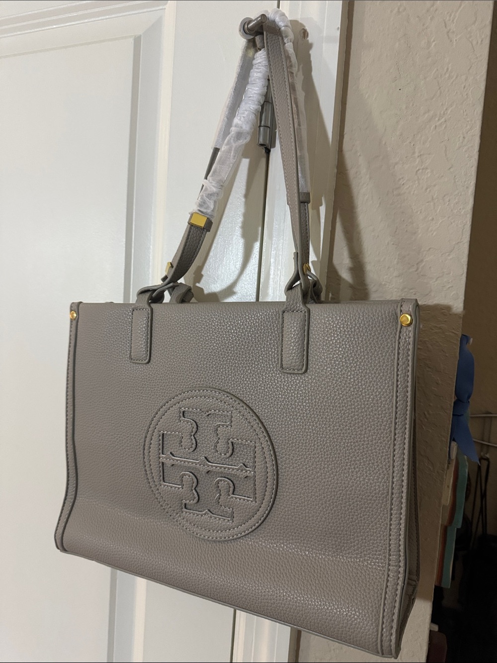 TB Pebbled Leather Logo Tote with Gold Accents
